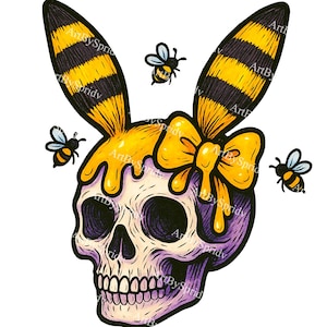 May include: Illustration of a skull with rabbit ears and a bow, all in yellow and black stripes. The skull has honey dripping down it, and three bees are flying around it. The skull is white and purple.