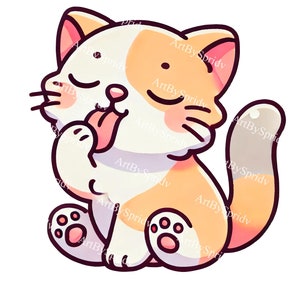 Calico Cat Licking Paw PNG Clipart, Cute Cartoon Kitten Illustration for Digital Download for DIY Craft, Stickers, Invitations, T-Shirt, Mug