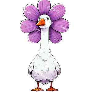 Funny Goose with Purple Flower Head PNG | Cute Cartoon Animal Tee Sublimation Design | Transparent Background Clipart for Stickers & Shirts