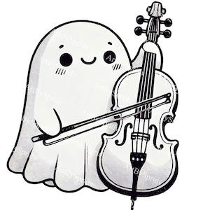 Kawaii Ghost Playing Cello PNG Clipart, Cute Transparent Spooky with Musical Instrument, Cartoon Illustration for T-Shirt, Mug, Sublimation