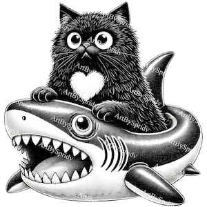 Schwarze Katze Clipart PNG, süße Katze sitzt auf einem Hai Illustration, transparente Tier Clip Art, Gothic Haustier Kunst, digitale Katze und Hai Bild Clip Art