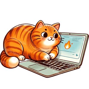 Puede incluir: Un gato naranja atigrado de dibujos animados con patas blancas y un pecho blanco está sentado frente a un ordenador portátil. La pantalla del portátil muestra un fondo azul con un icono de llama amarilla y el texto "ArtBySpridv".