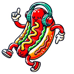 Dansende hotdog met koptelefoon PNG-clipart, muziekminnende hotdog voor feestdecor, T-shirt, mok sublimatie, digitale DIY Crafts-illustraties
