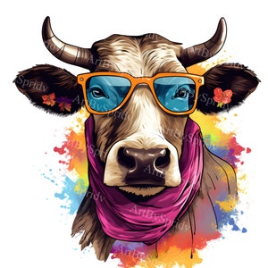 Farm Cow With Sunglasses Transparent PNG Clipart, Kids/Adults Cartoon Design, Printable Sublimation, Commercial Use, Magical Animal Clip Art