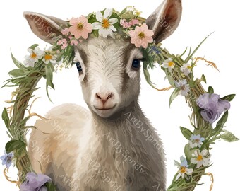 Clipart de cabra floral PNG transparente, ilustración de animal de granja boho, cabra rústica con corona de flores para manualidades, clip art y sublimación para guardería
