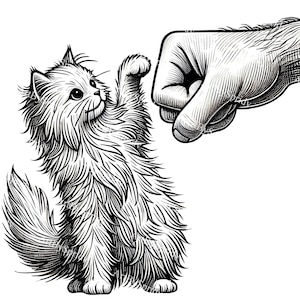 Vintage Cat Fist Bump Clipart, Detailed Black and White Engraved Style Transparent PNG, Unique Animal Illustration for DIY Crafts, T-Shirt