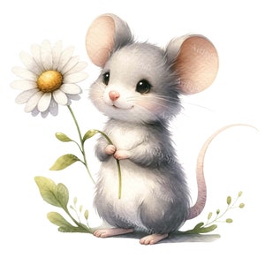 Cartoon Mouse with Daisy Flower Clipart - Watercolor Illustration PNG, T-Shirt, Mug, Tumbler Design, Scrapbooking & Sublimation Clip Art