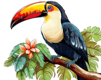 Exotic Toucan Clipart PNG Clipart, Tropical Bird Illustration,Jungle Wildlife Clip Art,Vibrant Toucan Perched on Branch,Digital Download DIY