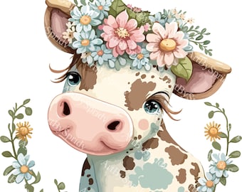 Cute Floral Cow PNG, Transparent Farm Flower Animal Clipart, Kids Cartoon Design,Printable Sublimation,Commercial,Baby Shower PNG Clip Art