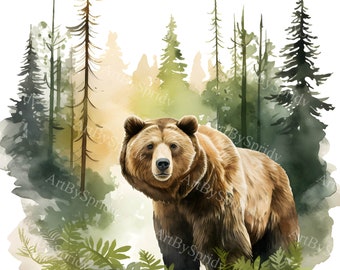 Watercolor Bear Clipart PNG-Forest Digital Download,Hand-Painted Grizzly Art,Woodland Wildlife Illustration,Nature-Themed Art for DIY Crafts