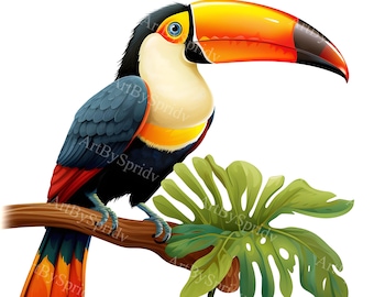 Exotic Tropical Bird Toucan On Branch Clip Art - Printable T Shirt, Mug Sublimation Transparent PNG Clipart - Commercial, Digital Download