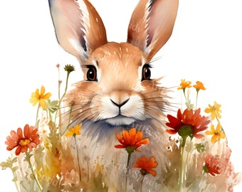 Rabbit Surrounded by Wildflowers Watercolor PNG Clipart, Cute Easter Bunny Spring Illustration, Nursery Clip Art,Digital Nature-Themed Decor