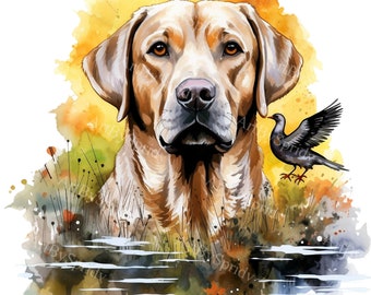 Labrador Retriever with Bird Clipart, Watercolor Dog PNG, Printable Sublimation Design for T-Shirts & Mugs, Pet Lover Digital Clip Art