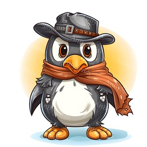Penguin Wearing Cowboy Hat & Scarf, Cute Western Style Penguin PNG Clipart, Transparent Clip Art for Sublimation, DIY Crafts, Digital Design