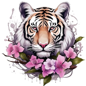Watercolor Powerful Tiger Amidst Orchid Blooms - Transparent 4 PNG Clipart - Printable T-Shirt, Mug, Tumbler Sublimation Clip Art,Commercial