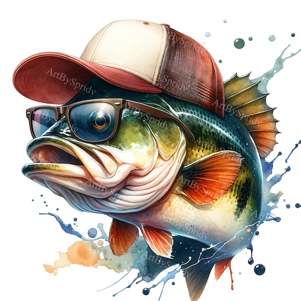 Realistic Bass Fish Clipart with Baseball Cap & Sunglasses - Digital PNG for DTG, Mugs, Tumblers, Scrapbooking -Stylish Fish Sublimation Art