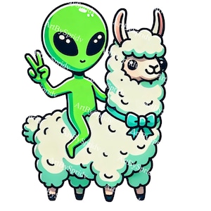 Alien rijden op lama PNG-clipart, schattig buitenaards op pluizige lama digitale download-perfect voor DIY Crafts, scrapbooking, stickers, T-shirt
