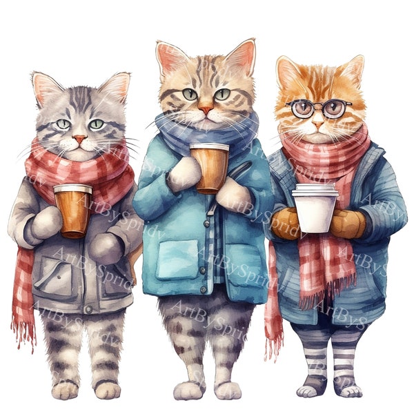 Trendy Cat Clipart Trio: Fashionable Feline Friends with Coffee, Digital PNG for Printable Sublimation - Ideal for DIY Crafts Project, Decor