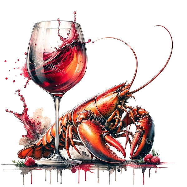 Lobster & Wine Artwork | Digital Sublimation PNG | Splash Wine Glass Clipart | Printable Ocean Cuisine Graphic | Home Decor Design Clip Art