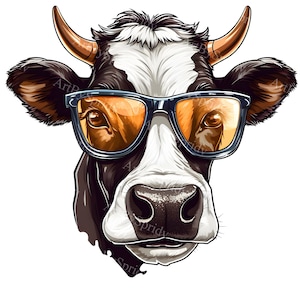 Trendy Farm Cow Wearing Stylish Sunglasses PNG Clipart, Cool Cow Digital Clip Art for T-Shirts,Mugs Sublimation,Home Decor,DIY Craft Project