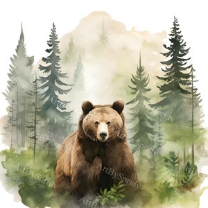 Oso majestuoso en un bosque de pinos, acuarela, clipart PNG, clip art transparente para pared para manualidades, proyectos inspirados en la naturaleza, decoración de vida silvestre, rústico