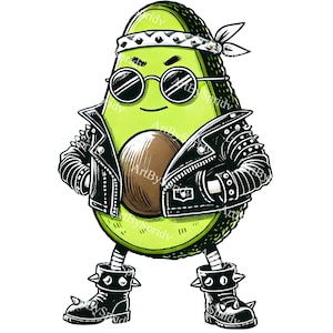 Coole Avocado PNG Clipart in Lederjacke mit Sonnenbrille, Rock n Roll Avocado Badass Frucht Illustration für T-Shirts, Becher, Aufkleber, DIY Handwerk