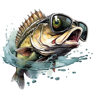 Acquerello Cool Bass Fish con occhiali da sole Clip Art - Maglietta stampabile, tazza Sublimazione PNG trasparente Clipart-Commerciale, Download digitale