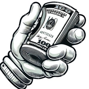 Può includere: Una mano che tiene un rotolo di banconote da 100 dollari americani. Le banconote sono arrotolate e tenute in un pugno. Le banconote sono in bianco e nero.