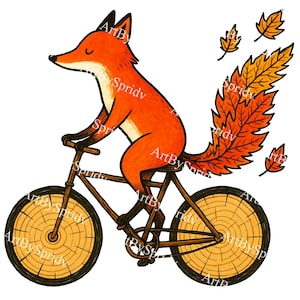 Whimsical Fox Riding Bicycle PNG, Autumn Woodland Animal Clipart, Cute Fall Fox with Leaf Tail, Forest Cartoon Sublimation Printable Design