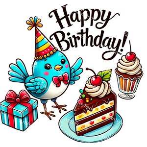 Feliz Aniversário Pássaro Azul Clipart PNG | Pássaro de Festa Bonito com Bolo, Cupcake, Presente|Clipart Digital Transparente para Desenhos de Artesanato DIY, Camiseta