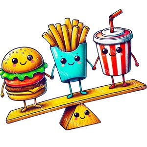 Adorable Fast Food Friends Clipart: Cute Hamburger, French Fries, Soda on Seesaw–Transparent PNG for Digital Projects&DIY Crafts,DTG T-Shirt