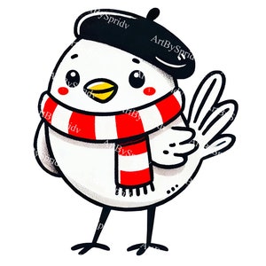 Bird PNG Clipart with Black Beret & Red Scarf, Christmas Cute Cartoon Winter Bird Illustration for Holiday DIY Crafts, Decorations,DIY Craft