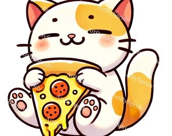 Calico Cat Holding a Slice of Pepperoni Pizza PNG Clipart, Cute Food Lover Digital Clip Art for Cat Enthusiasts, Perfect for DIY Crafts