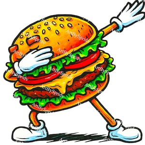 Op de afbeelding: Een cartoon illustratie van een hamburger die dabt. De burger heeft een sesambroodje, sla, tomaat, kaas en een patty. De burger heeft armen en benen met witte handschoenen en schoenen. De tekst "ArtBySpridy" staat op de afbeelding.