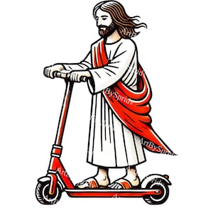 Jesus Andando de Scooter Elétrica PNG Clipart, Clip Art Religioso para Camiseta, Sublimação de Caneca, Cartazes Cristãos, Adesivos, Scrapbooking, Faça Você Mesmo