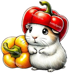 Lindo conejillo de indias con sombrero de pimiento rojo y pimiento amarillo. Clipart de animal de granja divertido, PNG transparente para manualidades de otoño, sublimación de camisetas y pegatinas.