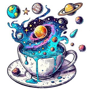 Könnte beinhalten: Eine weiße Teetasse und Untertasse mit einer darin wirbelnden Galaxie. Die Galaxie ist gefüllt mit Sternen, Planeten und einem wirbelnden Nebel. Die Teetasse tropft mit blauer Flüssigkeit.