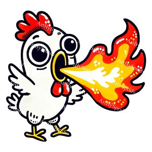 Feuerspeiendes Huhn PNG Clipart-Karikaturhuhn mit Flammen, würzige Huhn-Illustration, transparente Clip Art für DIY Handwerk, DTG T-Shirt