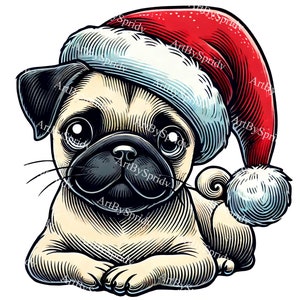 Christmas Pug in Santa Hat PNG Clipart, Festive Dog for T-Shirt Sublimation, Cute Holiday Clip Art for Cards, Mugs, DIY Crafts Projects Gift