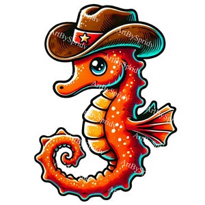 Hippocampe en chapeau de cowboy PNG Clipart, illustration numérique de rodéo animal mignon océan Occidental Clip Art pour sublimation de T-Shirt, travaux manuels, autocollant