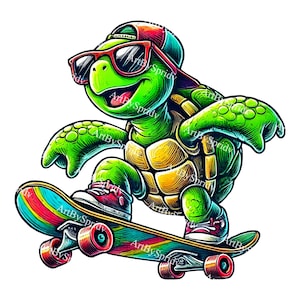 Cool Skater Turtle Clipart PNG | Hand-Drawn Cartoon Style Transparent Artwork for T-Shirt, Mug Sublimation, Stickers, Decals, DIY Craft Gift