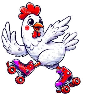 Pollo patinando sobre ruedas (imágenes PNG transparentes), adorable pollo en patines, clip art digital para sublimación, diseño de camiseta con humor de animales de granja