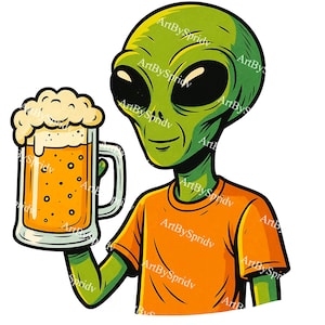Funny Alien Beer Mug PNG | Green Alien Drinking Beer Transparent Clipart | Space Drunk Alien Shirt Design | UFO Lover Printable Clip Art,DIY