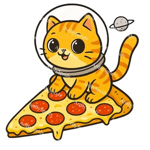 Pizza de gato espacial PNG, adorable gatito astronauta montando una rebanada de pizza, diseño de sublimación de comida espacial de gato kawaii, arte digital divertido para manualidades