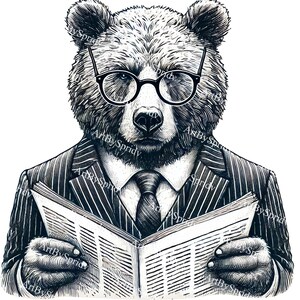 Bear in Suit Reading Newspaper Transparent PNG Clipart – Quirky Business-Themed Clip Art for T-Shirts, Mug, Stationery, Home Decor,DIY Craft