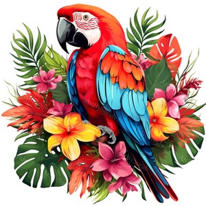 Tropical Parrot Clipart Set | Printable Sublimation PNG Files | Vibrant Bird & Exotic Flowers Digital Clip Art | Perfect for Crafts, Decor
