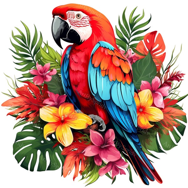 Tropical Parrot Clipart Set | Printable Sublimation PNG Files | Vibrant Bird & Exotic Flowers Digital Clip Art | Perfect for Crafts, Decor