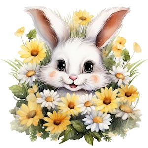 Coniglietto acquerello circondato da allegre margherite - Clipart PNG trasparente 4 - Maglietta stampabile, tazza, tumbler Clip Art a sublimazione, Baby Shower