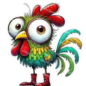 Verrückter Hahn PNG, bunte Cartoon Huhn Illustration, wunderliche Bauernhof Tier Clipart, schrullige Huhn Kunst, transparenter digitaler Download
