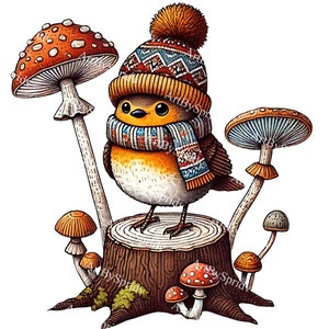 Pássaro de inverno em cachecol aconchegante e chapéu em toco de árvore com cogumelos PNG Clipart, Ilustração de animal de férias de Natal na floresta para artesanato DIY, cartões